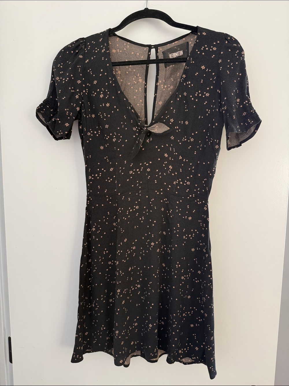 Reformation Black Mini Flare Dress with Gold Celestial Star Print